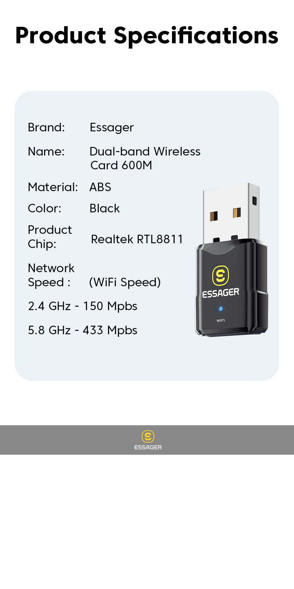 Dual Band Wireless WLAN Network Card 433Mbps 600M for Laptop