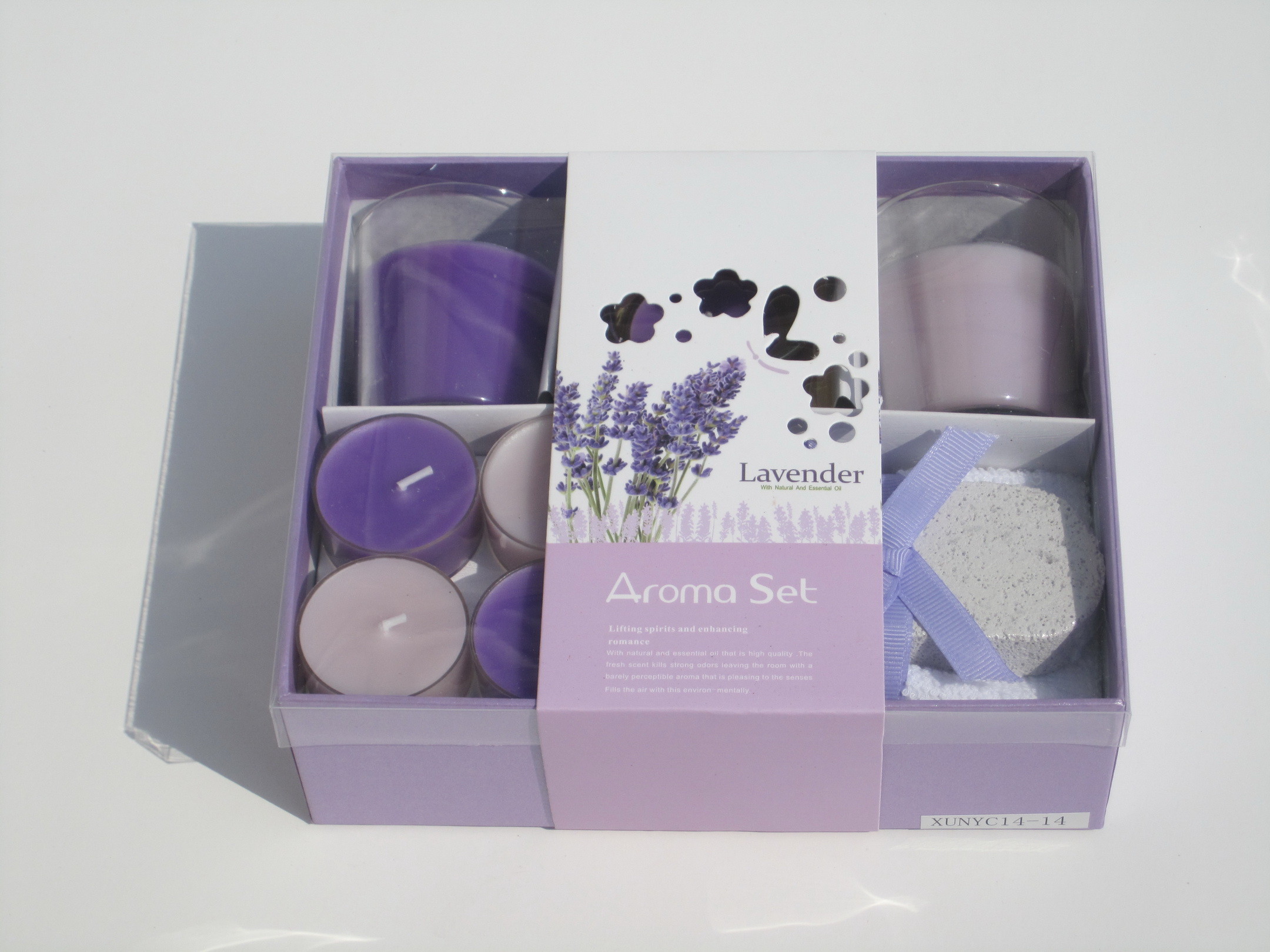Purple & pink lavender fragrance scented tealight candle & glass candle with printed label packed into gift box