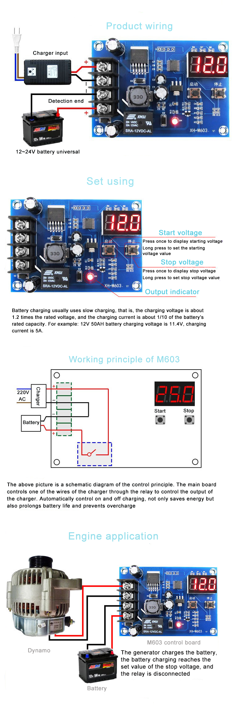 XH-M603 12-24V Storage Lithium Battery Charger Control Switch Protection Board With LED Display