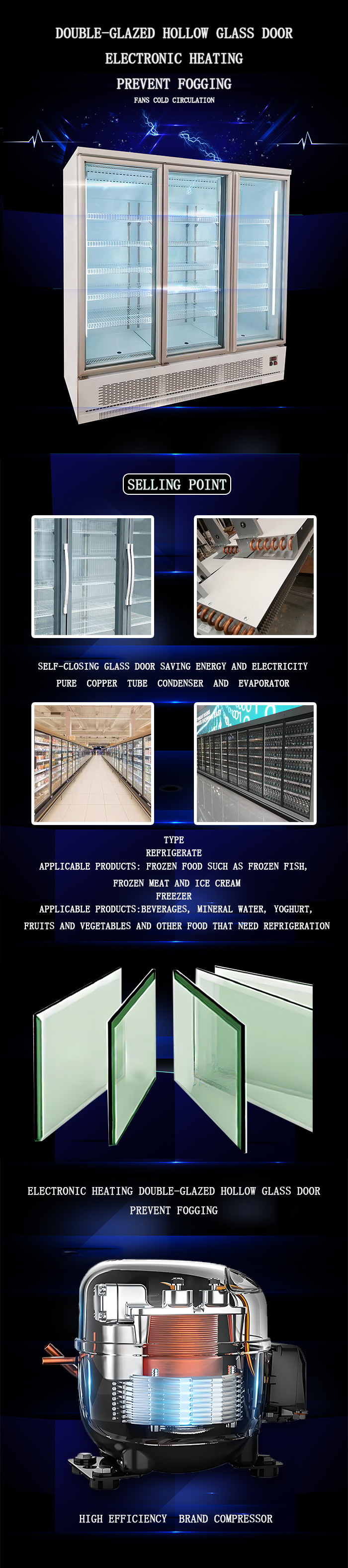 Double Glazed Glass Door Fridge Freezer , LED 1260L Drink Display Fridge