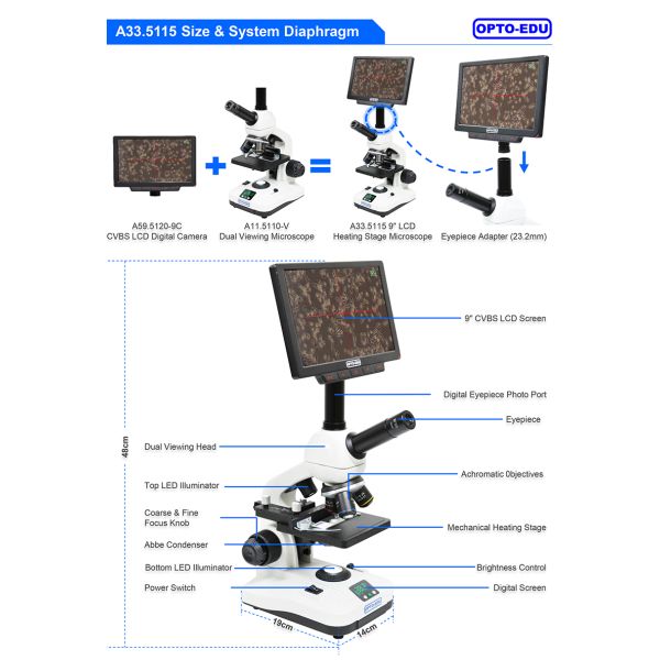 OPTO-EDU A33.5115 9" LCD Heating Stage Microscope with 40x~640x Optical Magnification and 60fps