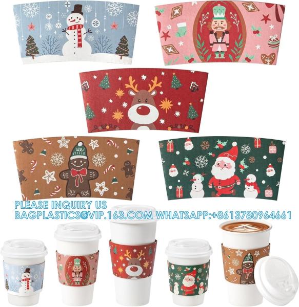 Christmas Paper Coffee Cup Sleeves, Disposable Corrugated Cardboard Paper Jacket