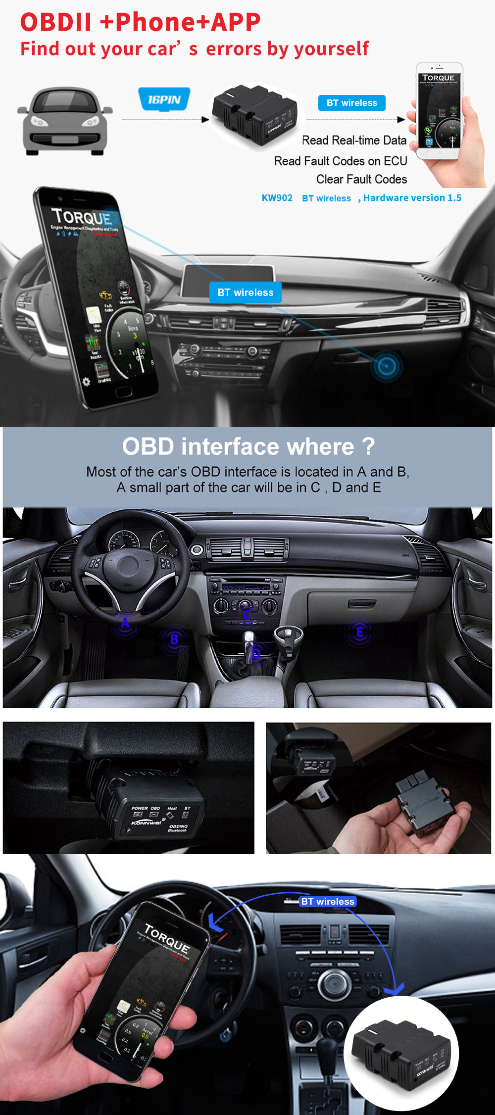 Auto 12 Volt Bluetooth Obd2 Scan Tool 16 - Pin Support All OBDII Protocols