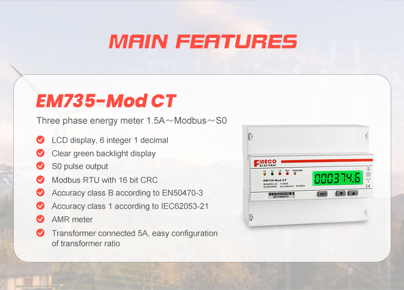 Digital Only Display Type 3-Phase Smart Energy KWh Meter 1.5 6 A 3*230/400V EM735-Mod