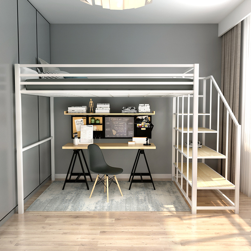 Banister Stairs Double Loft Bed with Metal Frame and Space Capsule Hotel Bed Cabinet