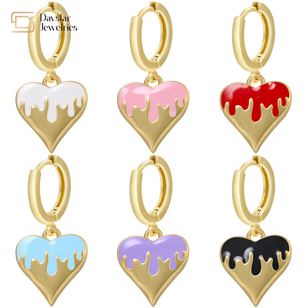 Women 14k Gold Plated Drop Earrings , Colorful Enamel Heart Pendant Hoop Earrings