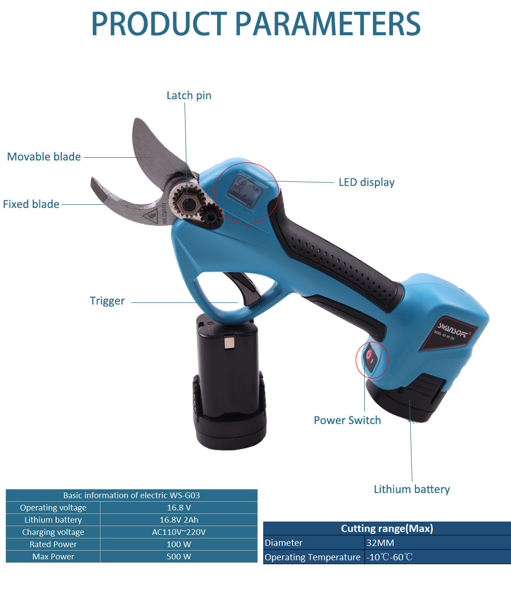 Swansoft 32mm cordless 16.8V 2.5Ah Garden Pruning Shear for Plant 3.2CM Electric Rechargeable Fruit Branch Scissors