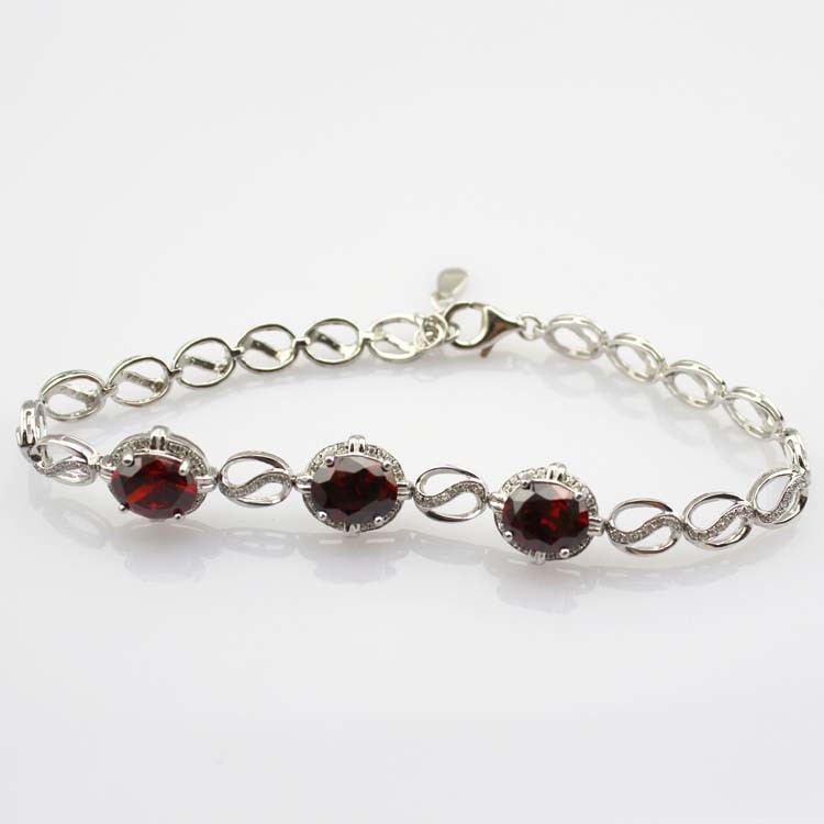 925 Sterling Silver Created Garnet CZ Diamonds Link Tennis Bracelet (H10)