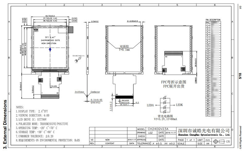 MCU Ctp IPS LCD Panel 240x320 Dots 300nits 3 Lines 9 Bit 262k SPI