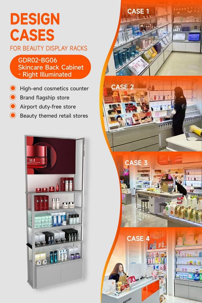 GDR02-BG06 Right Illuminated Skincare Display Cabinet with 60mm Soft Film Light Box and Laser Engraved Brand Logo for Fashion Boutiques