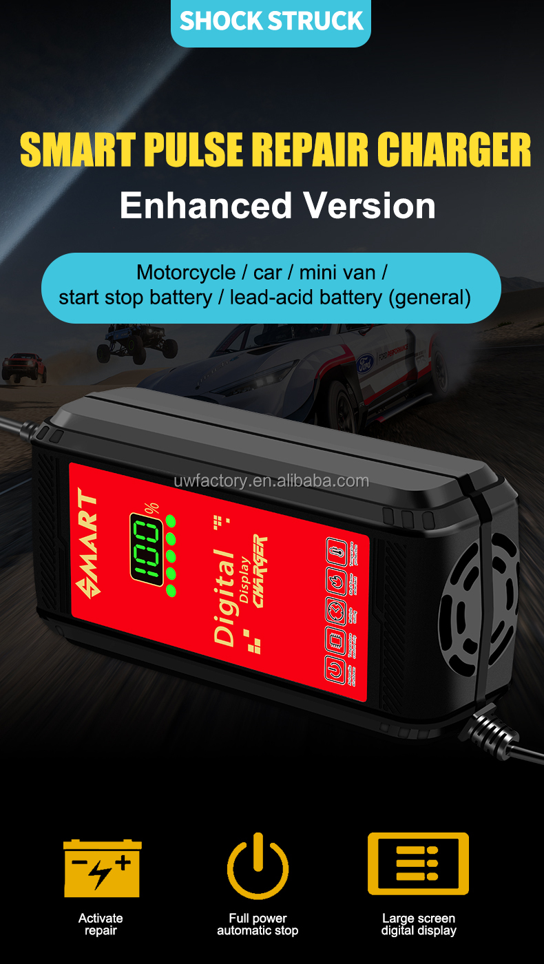 OEM/ODM Acceptable Private Mold Intelligent 12v 6A Smart Charging Car Motorcycle Battery Charger with Digital LCD Display