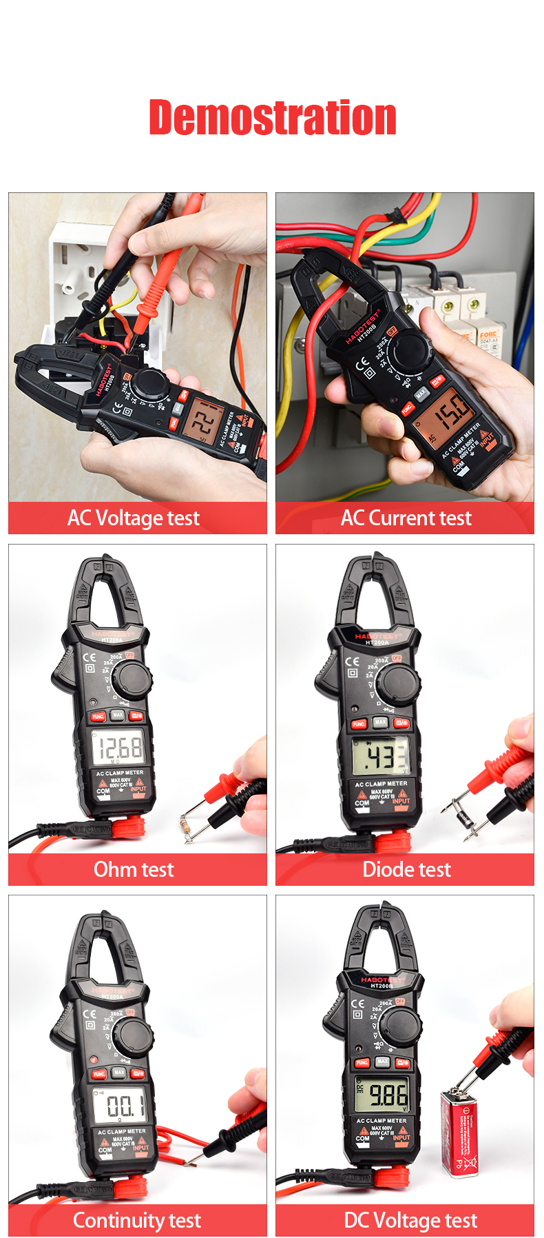 HT200A Digital Clamp Meters , 2000 Counts Multimeter Clamp Tester