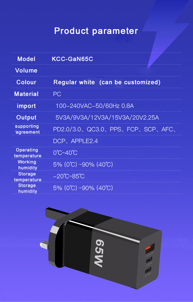 65W Mini Type-C Fast Charging PPS 65W GaN Charger with Three Ports and A 2C Technology