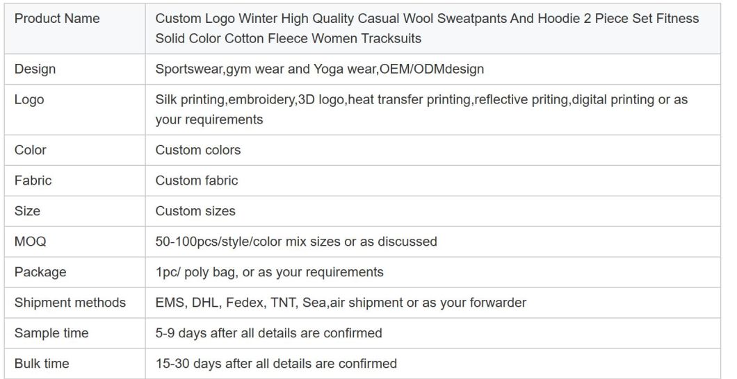 Custom Logo Winter High Quality Casual Wool Sweatpants and Hoodie 2 Piece Sets Fitness Solid Color Cotton Fleece Women Tracksuit