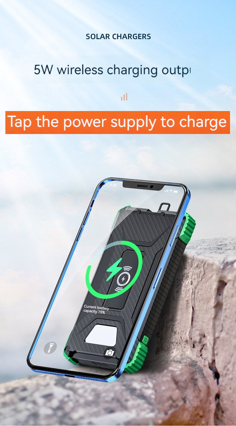 Wireless Output 5W Solar Power Bank 2.1A Output 10000mAh for iPhone 15 Outdoor Charging