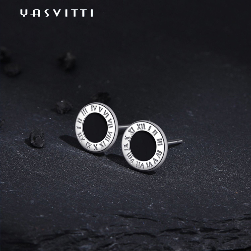 Stainless Steel Round Black Enameled Roman Numbers Stud Earrings