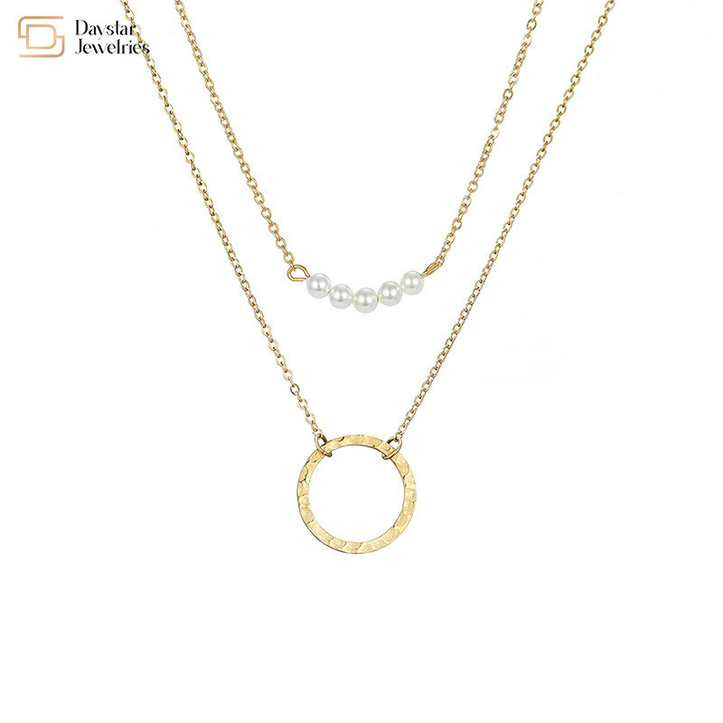 Stainless Steel Simple Layered Necklace Circle Pearl Pendant Clavicle Chain Choker