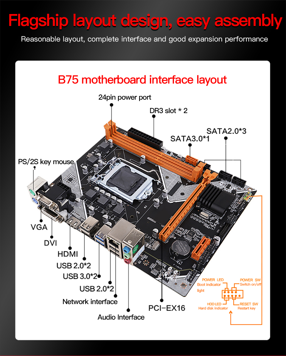 DDR3 X 2 Computer PC Motherboard B75 LGA 1155 Socket H61 210m X 168mm