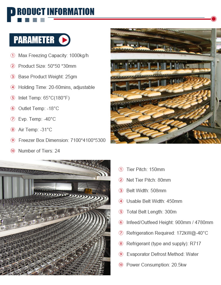 Food Grade Automatic Pita Bread Spiral Belt Freezer Electric Cooling Screw Conveyor High Quality