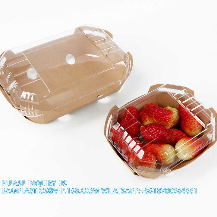 Degradable Wholesale Kraft Paper Tray With PLA Lid For Strawberry Blueberry Boxes Basket Container Packaging