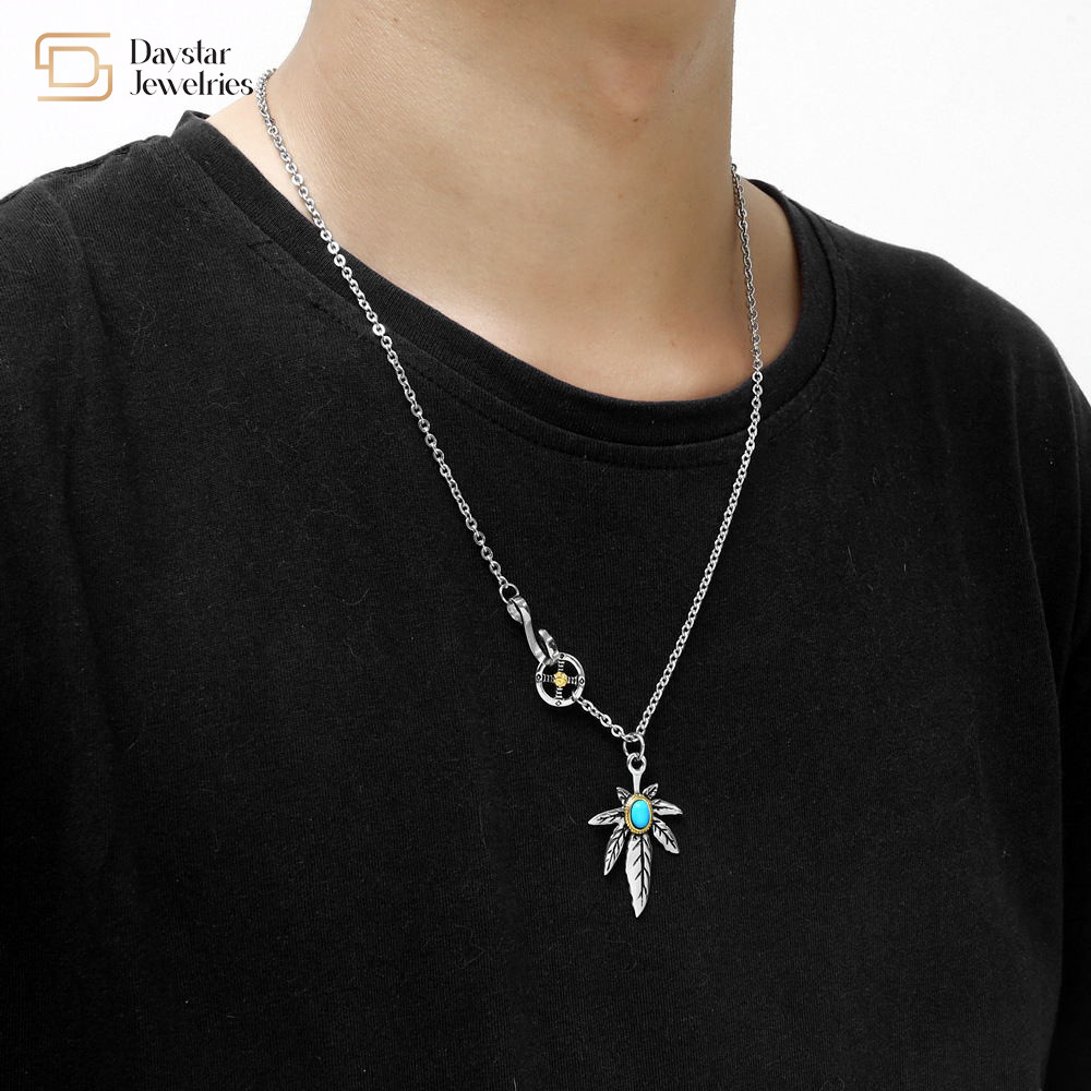 Turquoise Pendant Titanium Steel Maple Leaf Necklace Goro Takahashi Engraved