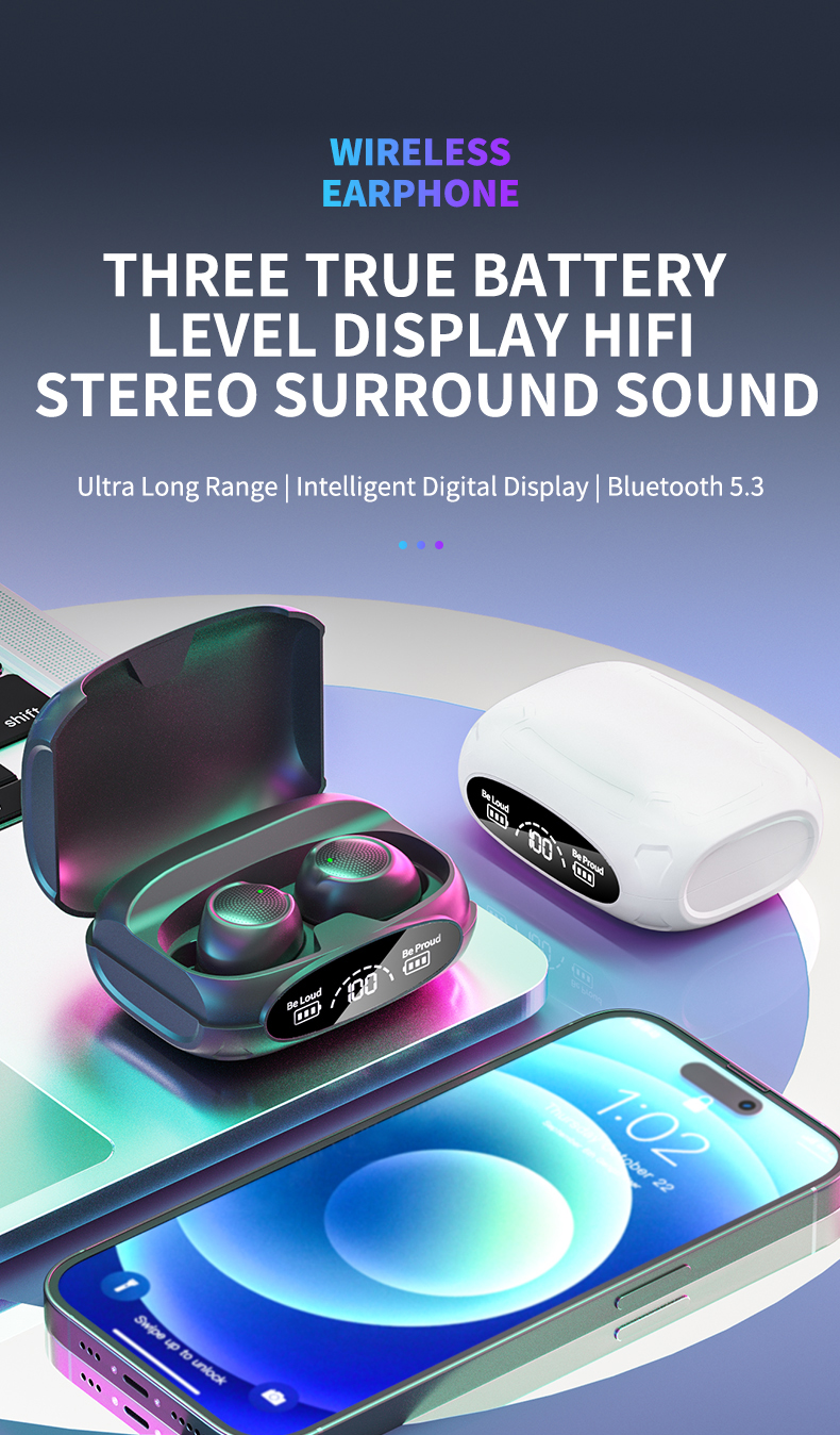 Wireless Stereo Headset with Large Capacity Noise Cancelling 30H Playing Time TWS V5.3