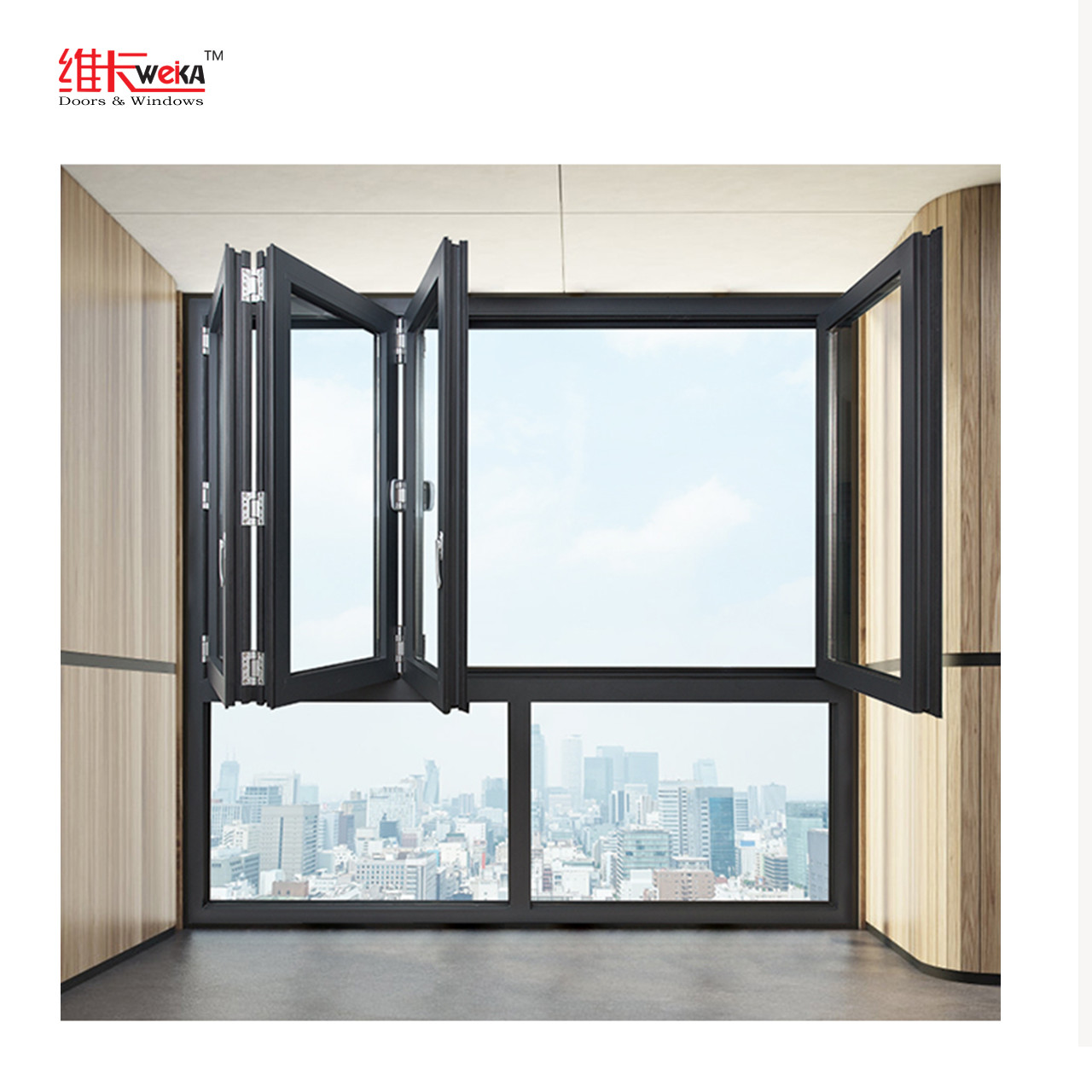 Tempered Glass Bay Folding Window Doors Anodized Finished