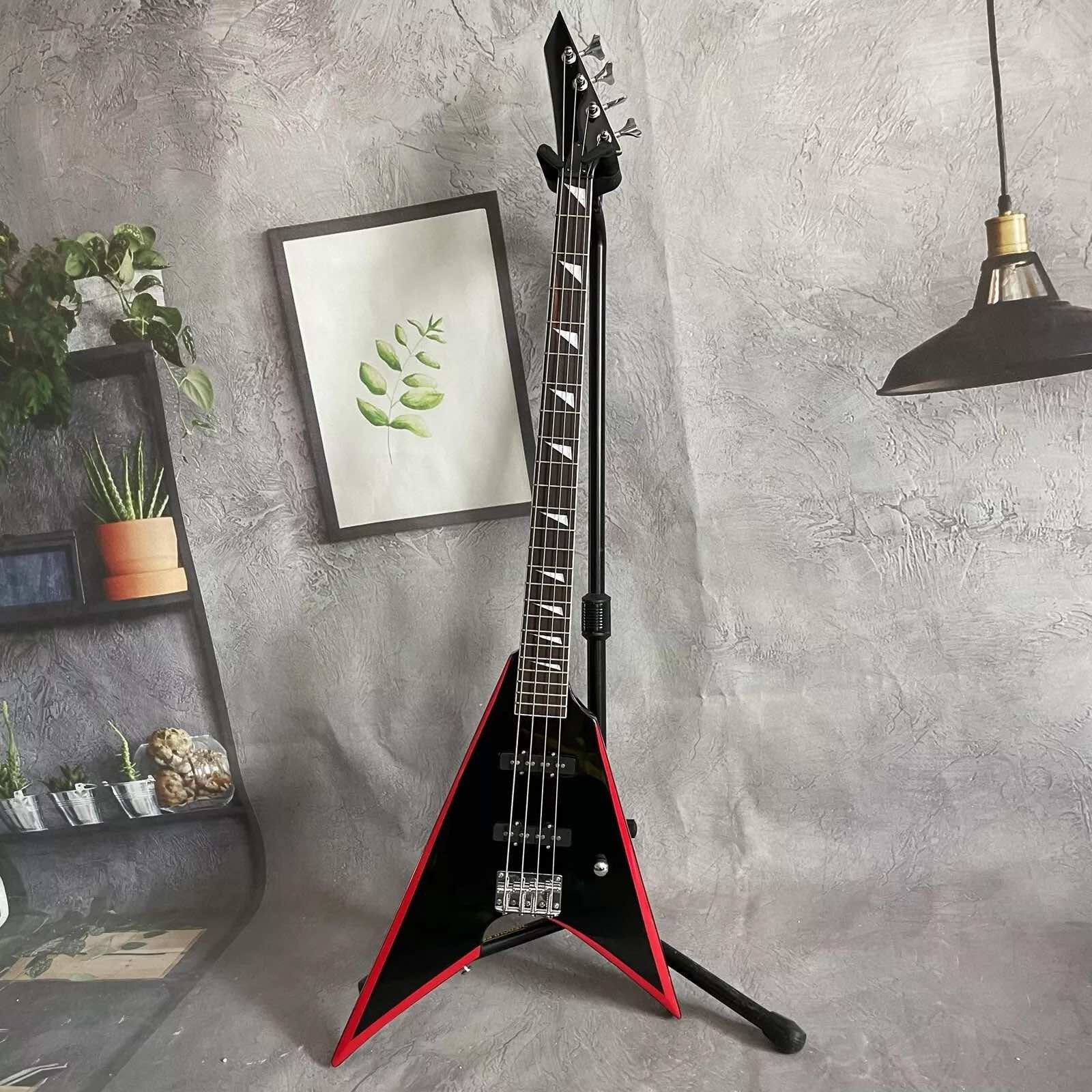 Custom 4 Strings V Shape Black Body Electric Bass Guitar Rosewood Fretboard