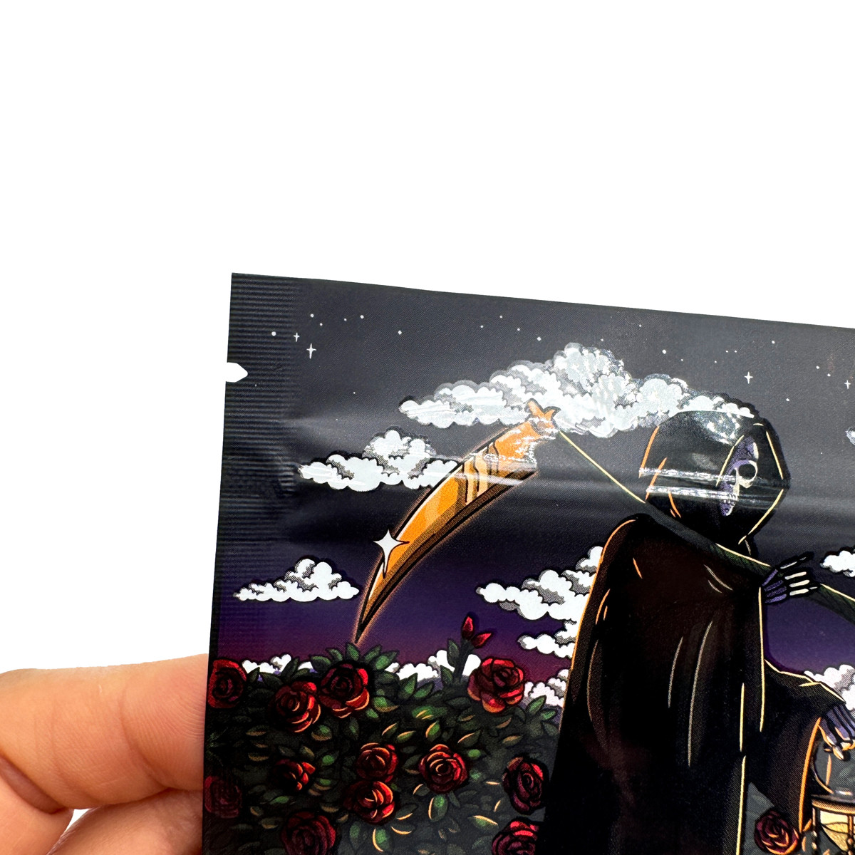 Low MOQ Matte Black Surface Spot UV Glossy Oil Printing Stand Up Mylar Bags For Weed Flower Candies