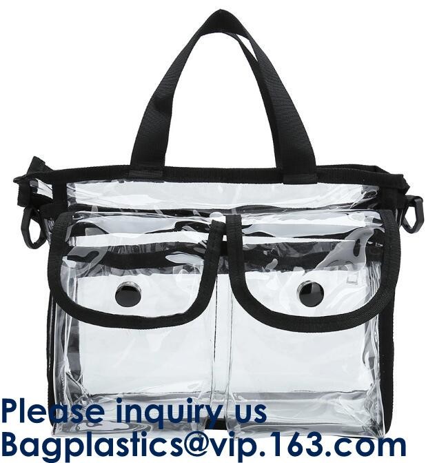 Beach Bag Clear PVC Bag Tote With Inner Pocket And Zipper Closure,PVC Bag Beach Tote With Black Handles, Bagease