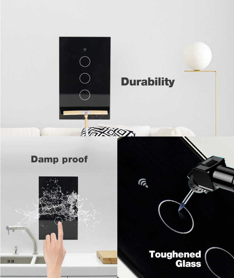 OEM 110V American Black Touch 3 Gang 3 Way Smart Switch Voice Control TuyaAPP Alexa Google Home