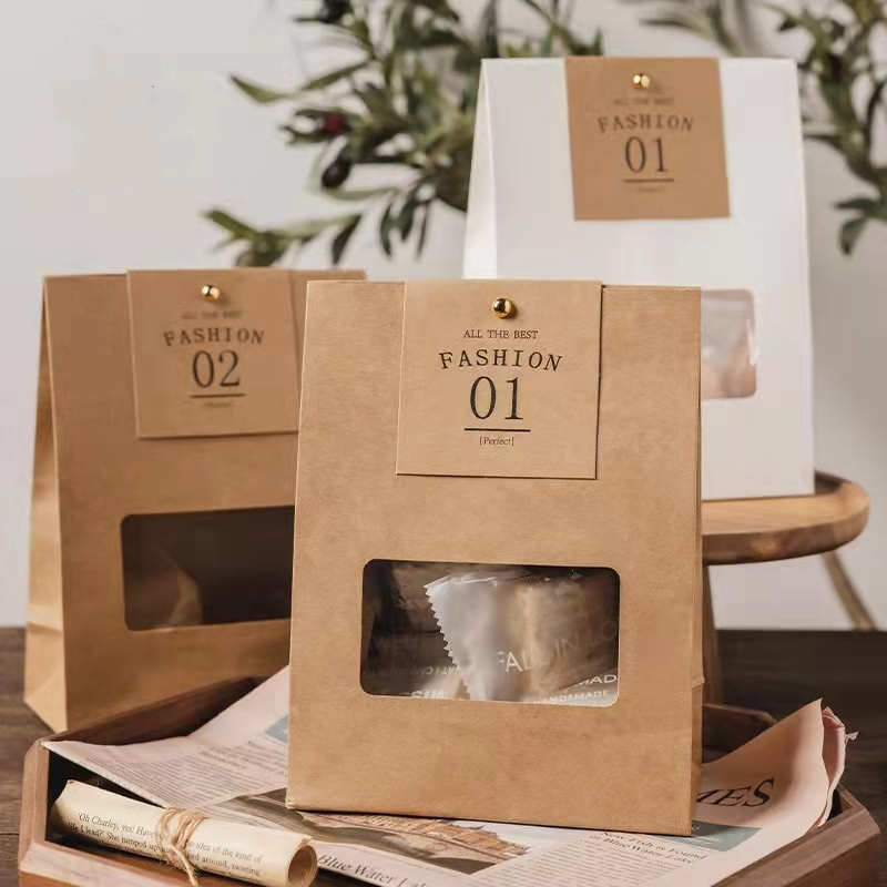 wholesale custom recycled flat bottom small food paper bag shopping packaging bag brown kraft paper bag with clear window