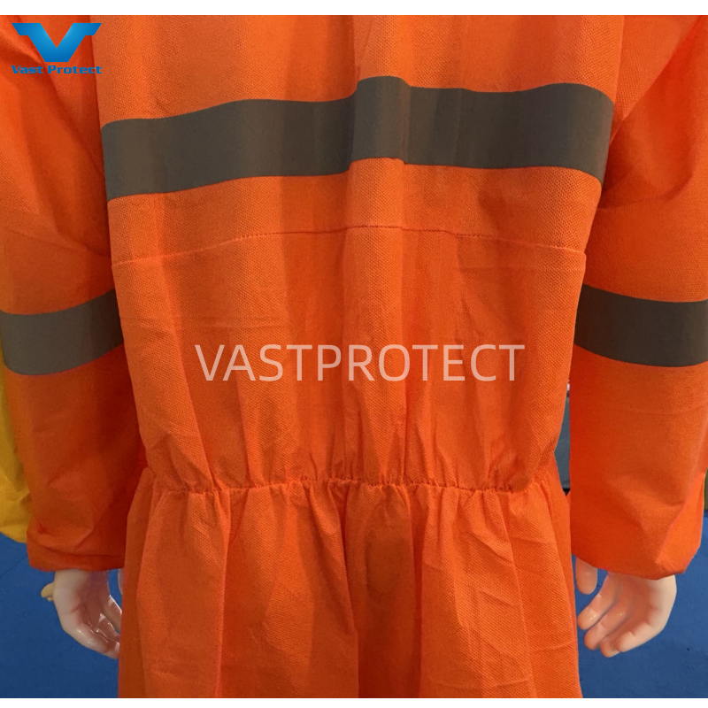CE Type 5 6 Certified USA PPE Disposable SMS 56GSM Orange Coveralls With Reflective Tape