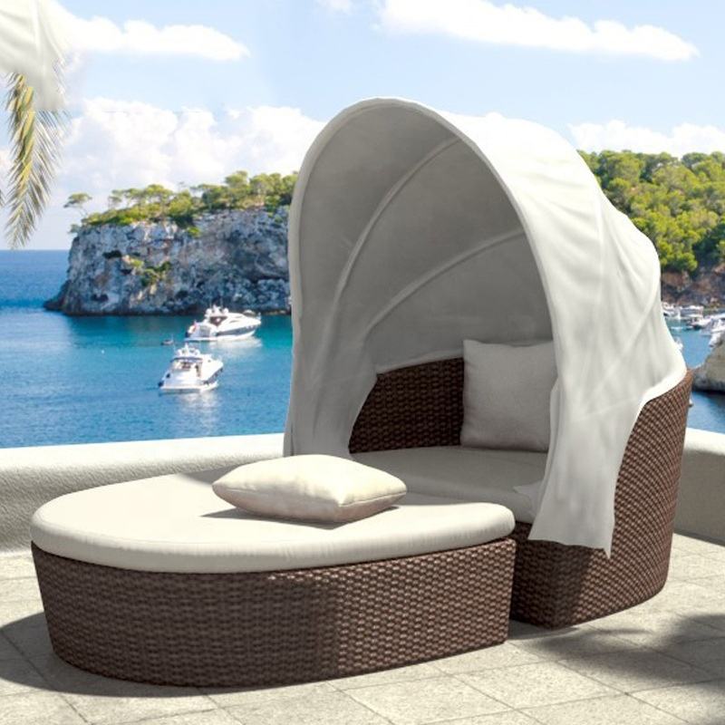 Balcony Beach Chaise Lounges Woven Rattan Round Sun Lounger