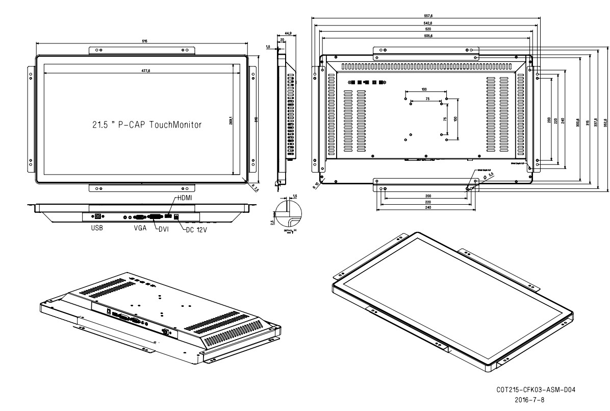 Waterproof Multi Touch PCAP Touch Display , 21.5 Inch Portable Monitor Touchscreen