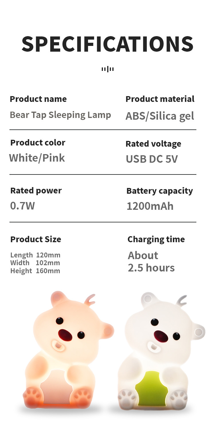 Cute Bear Shape Silicone Night Light Silicone Bedroom Decor Table Rechargeable Bedside Lamp