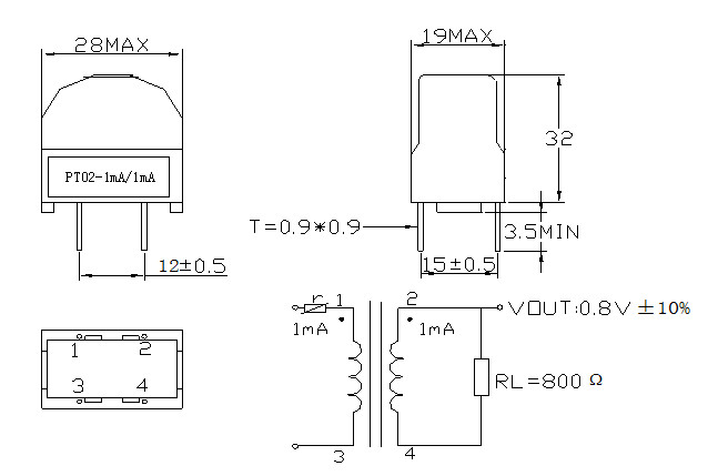 PT02 Current Potential Transformer 1mA 50 - 20KHz Low Profile Heavy Resistor Load