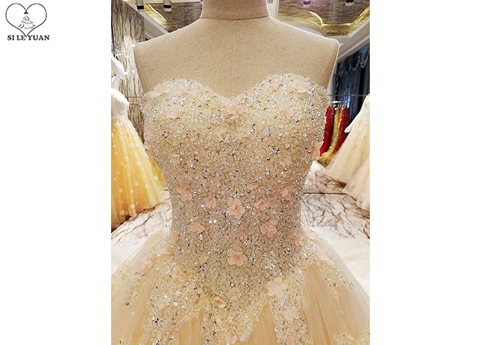 Comfortable Strapless Ladies Bridal Gown Cream Princess Long Tulle Tail