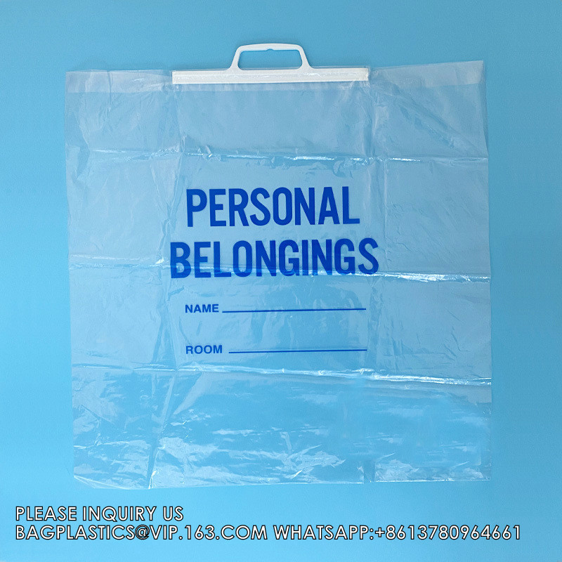 Hard handle Patient Belonging Bag, 1.4 mil Thick, 20" W x 20" Large, 4" Gusset, Clear Bag with Blue Print