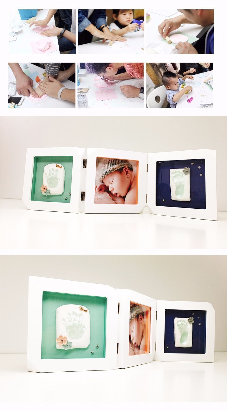 2018 new design 3 opening baby handprint and footprint clay keepsake en-71 passed photo frame kit
