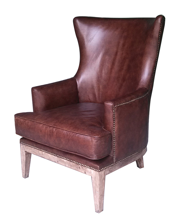 Wooden Leg High Backed Winged Leather Chairs With Rivets