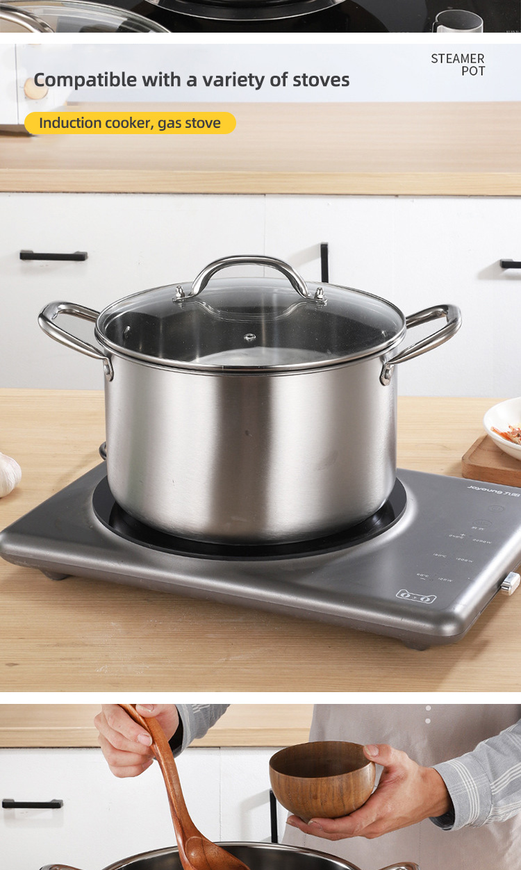 Kitchen Hot Fashion Silver Cooking Soup Pot 410 Stainless Steel Steamer Pot Induction Stock Pot With Glass Lid