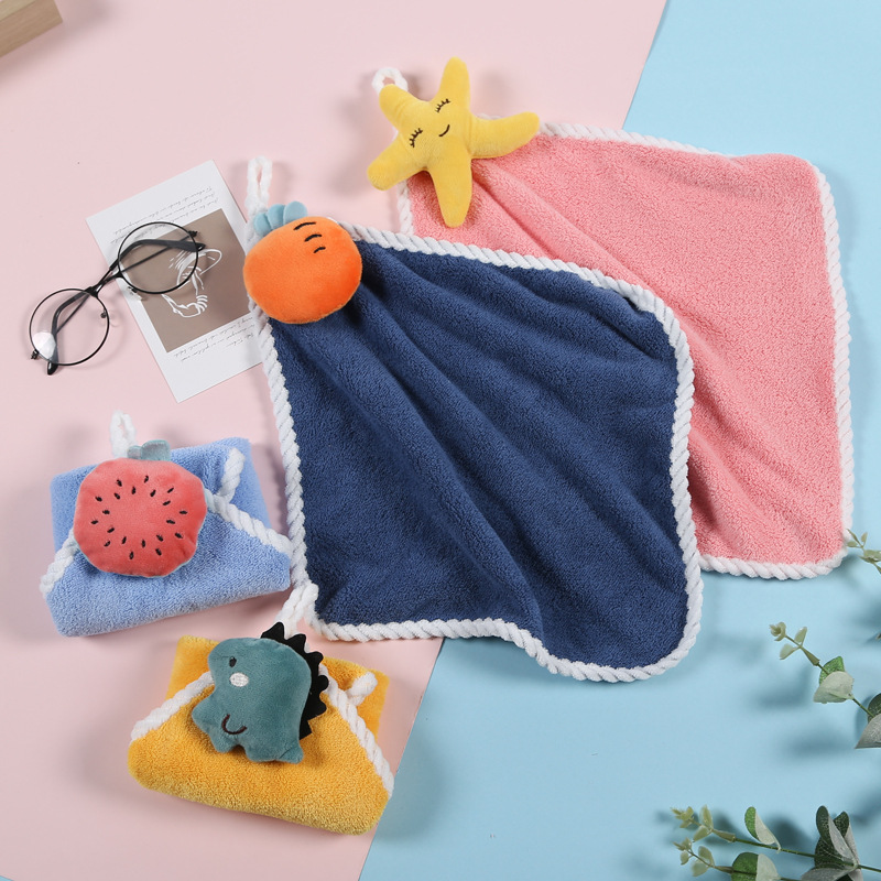Children's Cute Handkerchief Soft and Absorbent Coral Velvet Towel with Hanging Hook