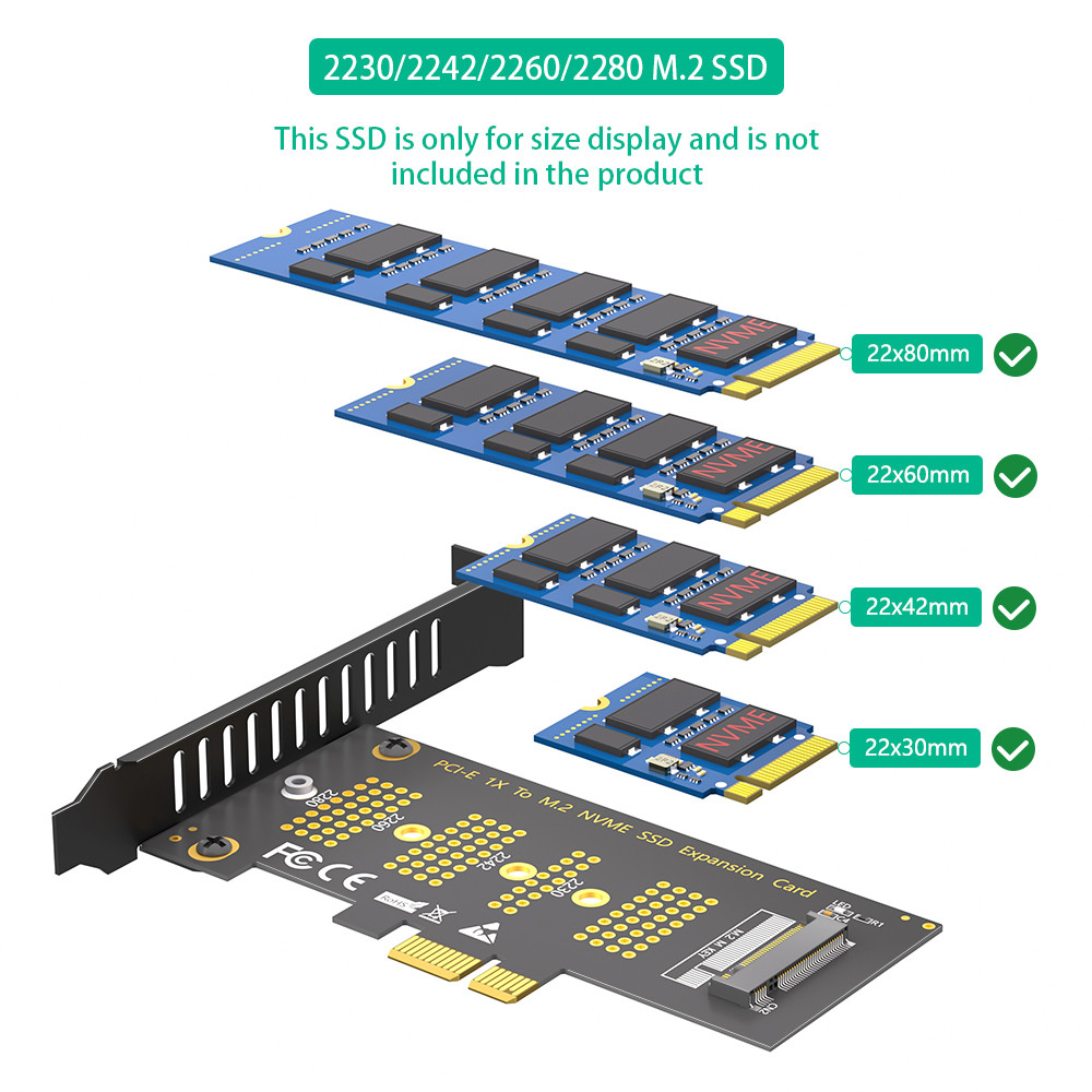 M.2 NVMe SSD NGFF TO PCIE X1 adapter card M Key interface card Support PCI Express 3.0 x1 Support NVMe SSD 2230-2242-2260-2280 Size