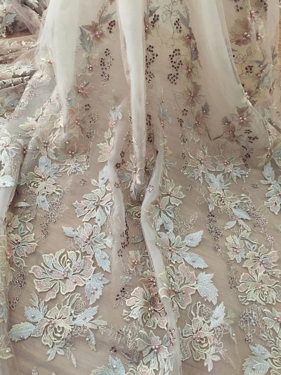 36 Inch Pearl Beaded Embroidery Lace Fabric By Yard For Haute Couture Wedding Gown