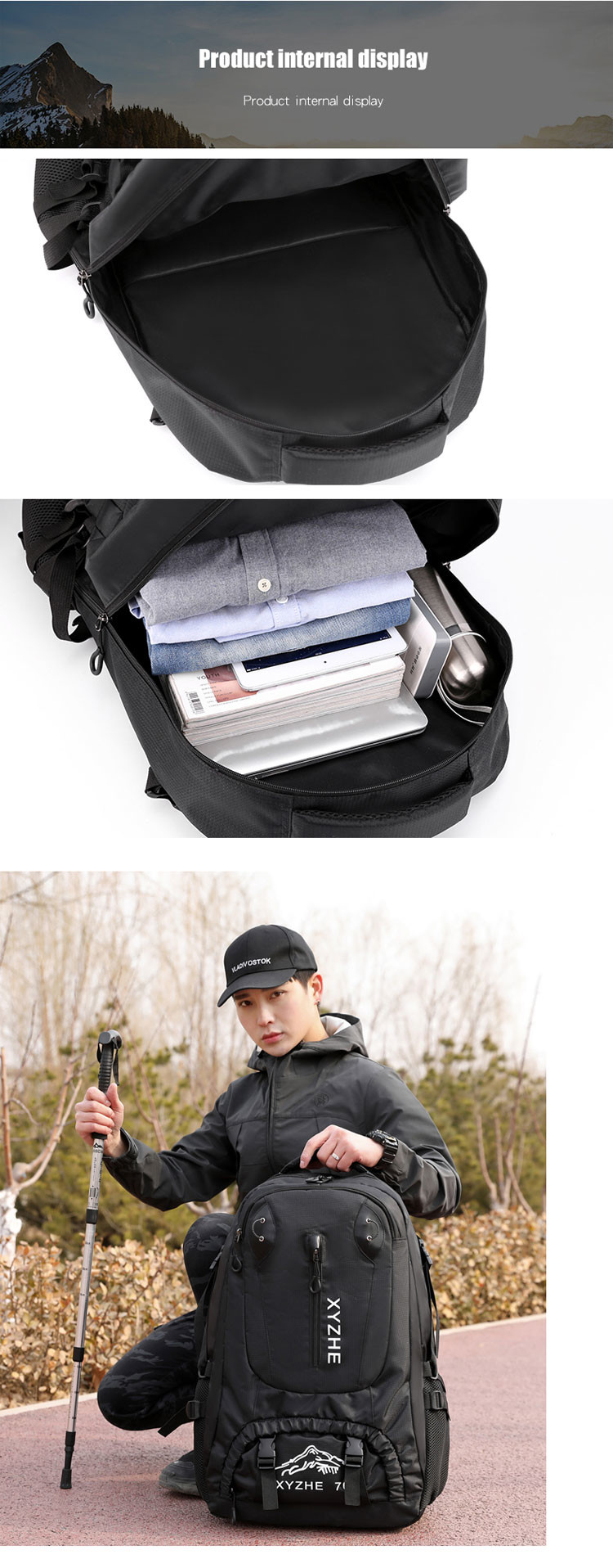 1.3 Inch 70L Camping Backpack Men Women Waterproof Backpack Bag Custom Logo