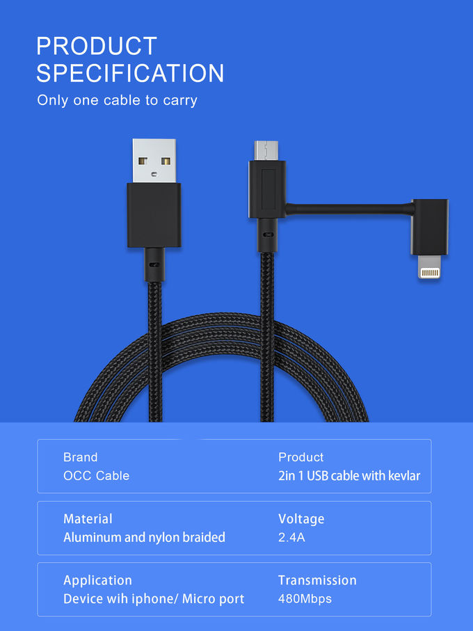 Nylon Braided 1M 2 IN 1 Data USB Cable With Micro Lightning Connector