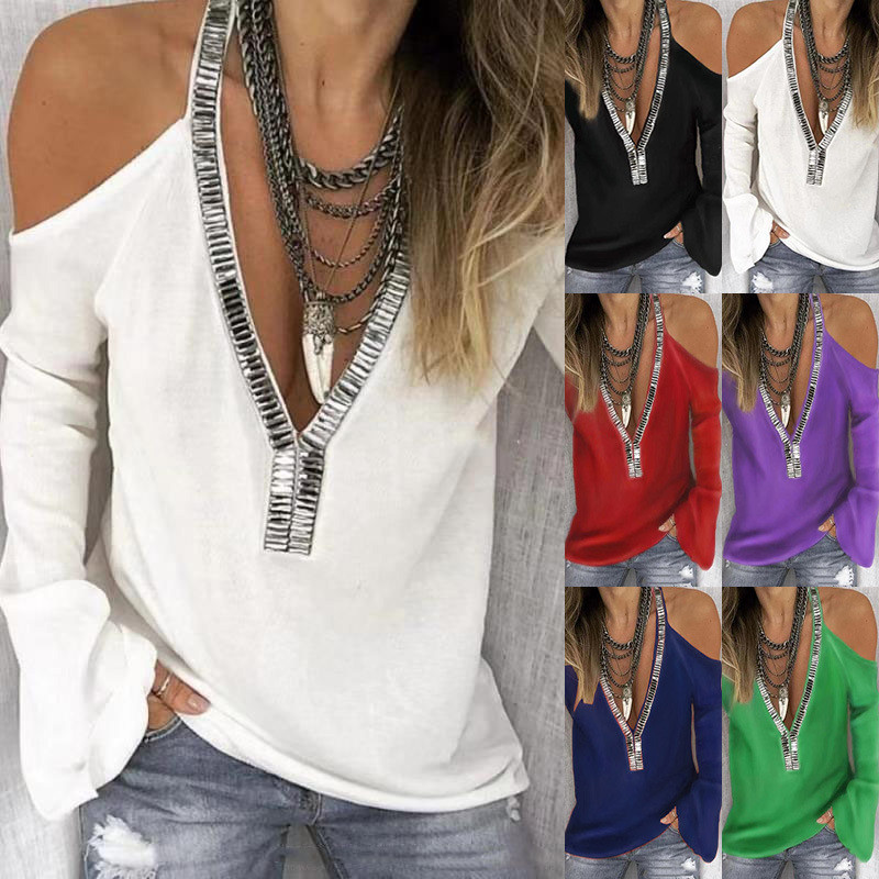 Strapless Women'S Solid Color Sweater Deep V Neck Long Sleeve Ladies Stylish Tops