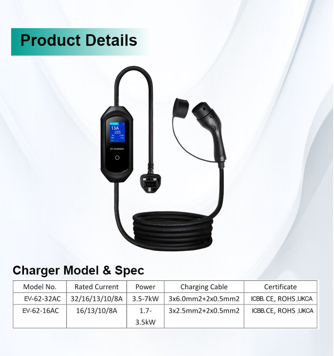 EVCOME Ev Charger Portable (220V 3.5KW 7KW) Max 16A Ajutable OEM ODM With SAE J1772 IEC 62196 GBT 20234