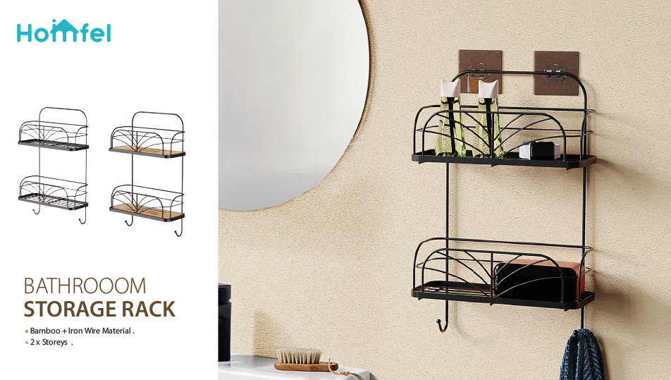 Iron And Bamboo Bathroom Shower Caddy Wall Mounted 2 Tiers With Wire Basket